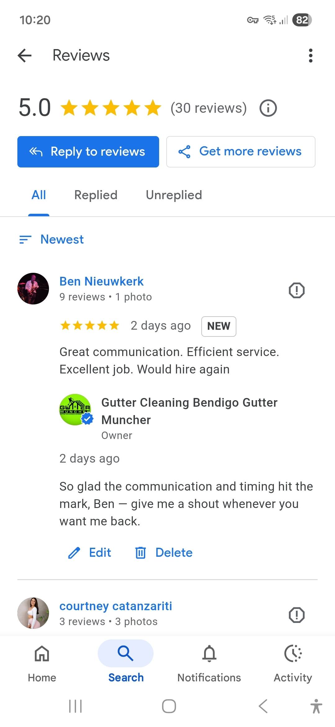 5 star Google Review for Gutter Muncher gutter clean Kennington