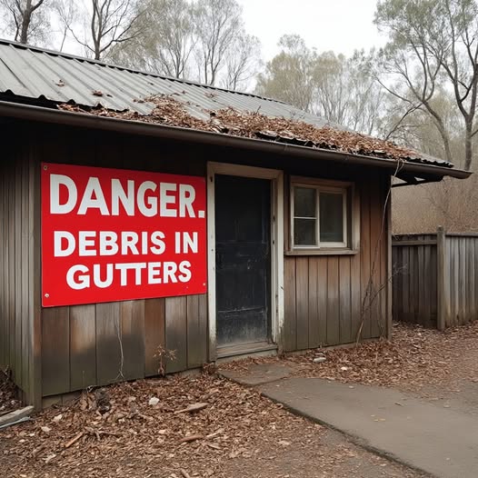 A house with leaves and debris all over the roof, with the wording "Danger, debris in gutters, fire season is coming"